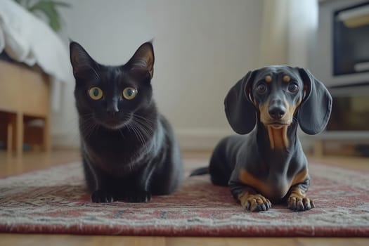 A black cat and a dachshund relax side by side on a patterned rug in a well-lit living room, enjoying each other’s company in a calm afternoon atmosphere.