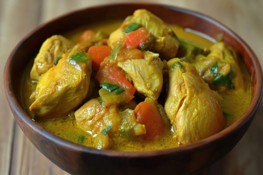 A warm bowl of chicken curry featuring tender pieces of chicken, colorful vegetables, and flavorful spices, creating a comforting dish for lunch or dinner.