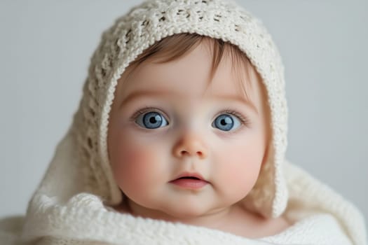 A sweet baby gazes curiously with striking blue eyes, wearing a soft knitted hat and wrapped in a plush blanket in a bright room.