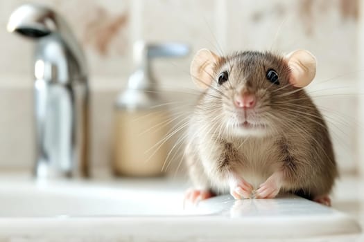 A rat stands on the edge of a sink, gazing intently into the room while its whiskers twitch. Soft afternoon light illuminates its fur and surroundings.