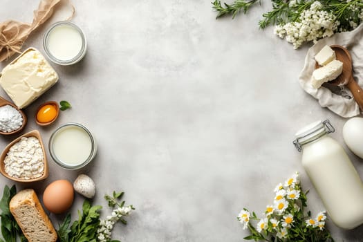 A variety of fresh ingredients including butter, milk, eggs, and herbs are artfully arranged on a light background, perfect for culinary creations and baking inspiration.