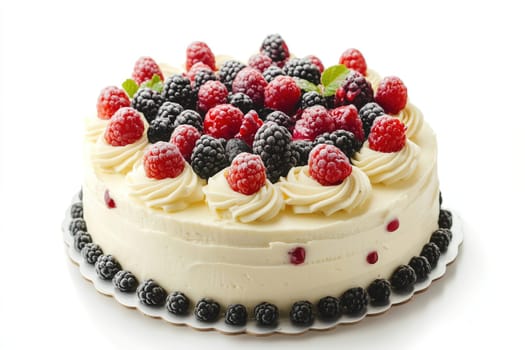 This exquisite cake is lavishly adorned with fresh raspberries and blackberries, showcasing a creamy frosting. Ideal for birthdays or gatherings.