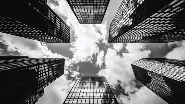 Modern architecture with glass buildings and dramatic clouds.