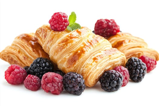 Flaky golden pastries are artfully arranged with a mix of fresh raspberries and blackberries, creating a delightful and inviting treat.