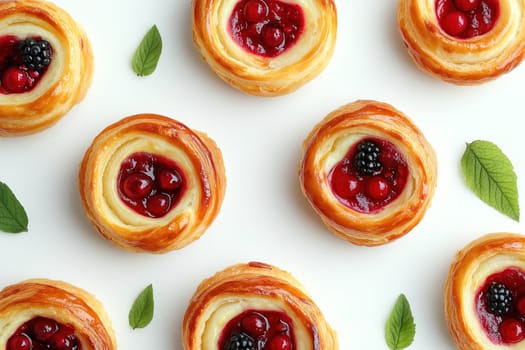 A variety of fruit danishes featuring a creamy center and topped with vibrant cherries and blackberries are beautifully arranged. Fresh mint leaves add a touch of color.