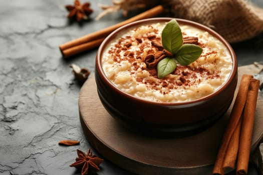 This delightful bowl of rice pudding features a creamy texture, topped with a sprinkle of cinnamon and fresh mint leaves, presented on a wooden board with scattered spices for added flavor.