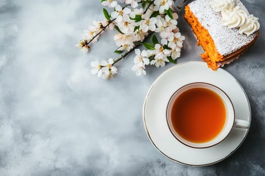 A warm cup of tea sits beside a slice of cake adorned with cream, accompanied by delicate cherry blossoms on a soft, textured surface.