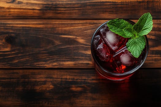A glass filled with a chilly drink containing ice cubes and fresh mint leaves placed on an old wooden table, enhancing the inviting atmosphere.