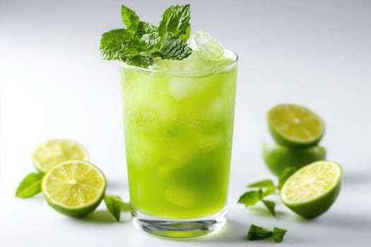 A vibrant mojito cocktail featuring fresh mint and lime, served over ice, surrounded by halved limes and mint leaves, ideal for summer refreshment.
