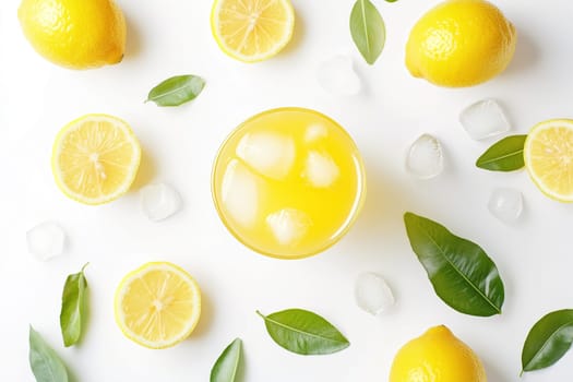 A vibrant glass filled with a lemon beverage sits among lemon slices and green leaves on a white surface, creating a refreshing summer setting.