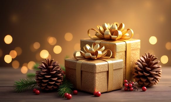 Two beautifully wrapped golden gifts with bows are surrounded by pinecones and small red berries, creating a festive atmosphere for Christmas - Generative AI
