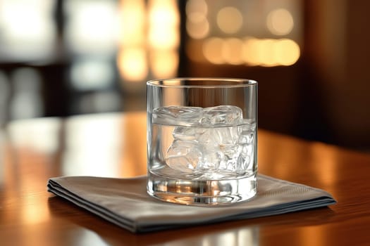 A clear glass filled with ice cubes sits on a napkin atop a wooden table, creating a tranquil vibe in a softly lit bar at night.
