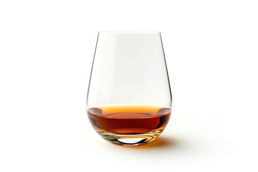 A clear glass holds amber whiskey, showcasing its rich color and clarity. The light creates reflections, highlighting the drink’s texture and warmth.