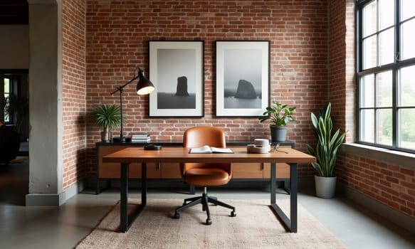 A modern home office features a wooden desk with a leather chair, surrounded by green plants and framed artwork in a brick wall environment - Generative AI