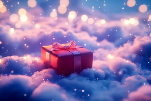 A red gift box with a red bow sits on a fluffy cloud in a sky filled with bokeh-filled scene..