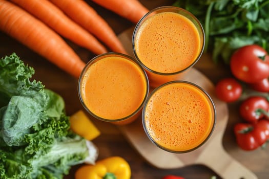 Three glasses filled with vibrant orange vegetable juice are surrounded by fresh carrots, leafy greens, and ripe tomatoes on a wooden surface. The arrangement showcases healthy ingredients.
