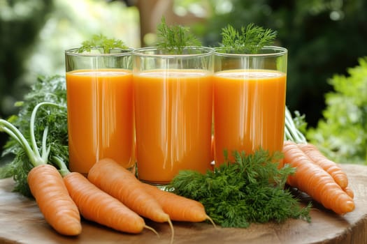 Three clear glasses filled with bright orange carrot juice are arranged on a wooden surface, accompanied by fresh carrots and leafy greens in a natural outdoor setting.