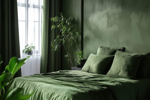 The bedroom features calming green tones, abundant natural light through a large window, and lush plants, making it an inviting retreat for rest.