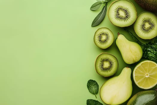 This arrangement showcases fresh kiwi, sliced pear, and lime alongside green mint leaves, all set against a bright green backdrop, highlighting their natural textures and colors.