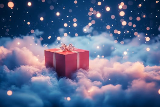 A red gift box with a red bow sits on a fluffy cloud in a sky filled with bokeh-filled scene..