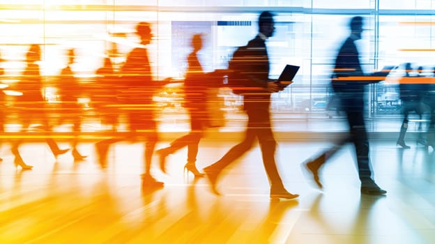 Dynamic businesspeople in motion, showcasing modern office environment.