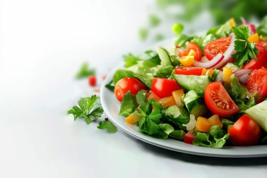 A colorful salad with a variety of vegetables including tomatoes, cucumbers on isolated background..