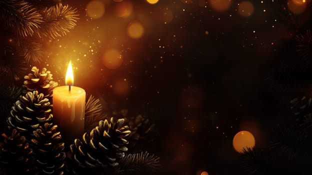 A lit scented orange candle surrounded by pine cones and fir branches creates a festive atmosphere.