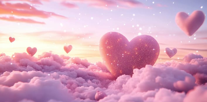 heart symbol floating peacefully among white fluffy clouds, love, romance, Valentine's Day, peaceful, serene, sky.