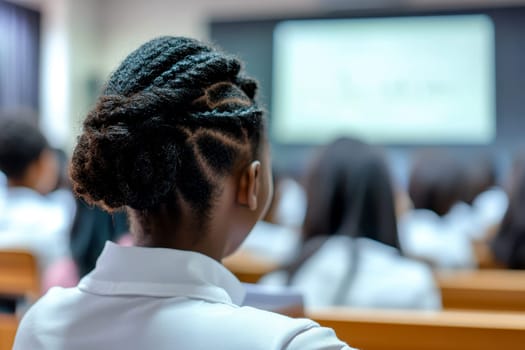 Young African American woman with curly hair in is seated inside classroom, start of the school or university year.