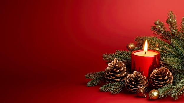 Christmas candle and pine cones, with fir tree, Christmas red on background, suitable for a card or poster design. lighting captured with a wide-angle lens. --ar 16:9 --v 6.1 Job ID: 01e74055-c65d-45f5-80ec-82bf28789227