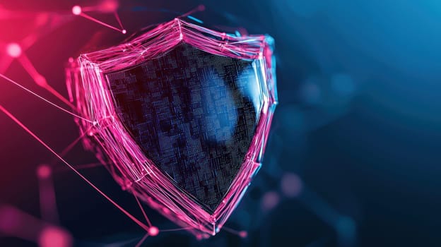 Digital firewall shield with holographic design and data connections.