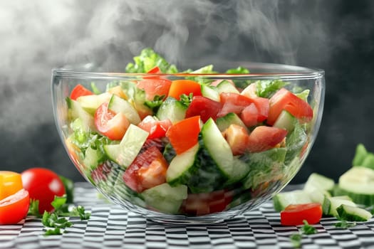 A colorful salad in bowl with a variety of vegetables including tomatoes, cucumbers.