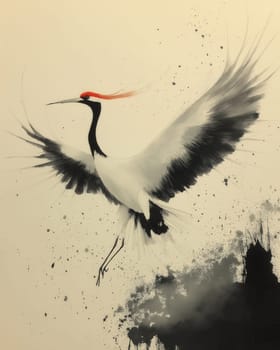 Sketch of a crane bird on a light background. Selective focus.