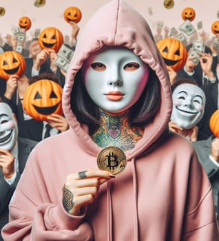A woman in a hoodie holding a gold coin with the letter B on it. She is surrounded by people with masks on, including a man with a tie. The image has a mysterious and secretive vibe