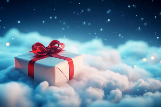 A white gift box with a red bow sits on a fluffy cloud in a sky filled with bokeh-filled scene..