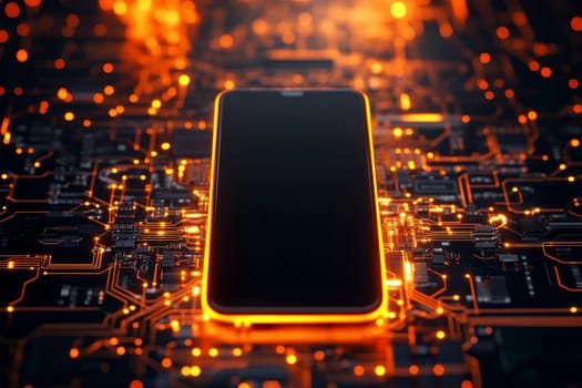 Modern smartphone for mockup on glowing chip motherboard in the background ..