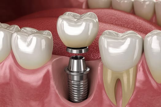 Dental implant surrounded by healthy teeth. Ideal for dental health concepts, procedures, and restorations. High quality illustration
