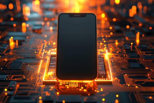 Modern smartphone for mockup on glowing chip motherboard in the background . High quality illustration