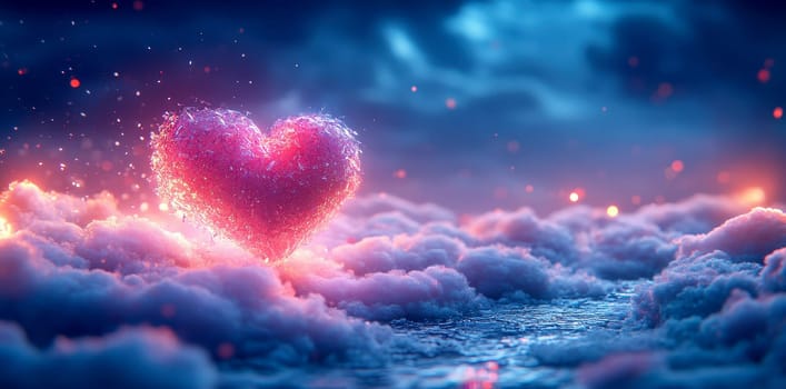 heart symbol floating peacefully among white fluffy clouds, love, romance, Valentine's Day, peaceful, serene, sky.