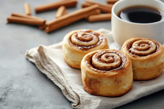 Freshly baked cinnamon buns on linen napkin with hot coffee , traditional swedish sweet pastry kanelbulle..