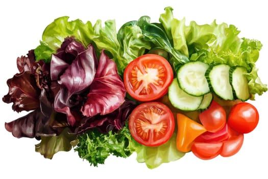A colorful salad with a variety of vegetables including tomatoes, cucumbers on isolated background..