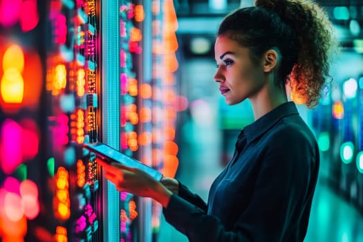 network and data center with a black woman it support engineer working in a dark server room. Computer, cybersecurity and analytics with a female programmer problem solving or troubleshooting..