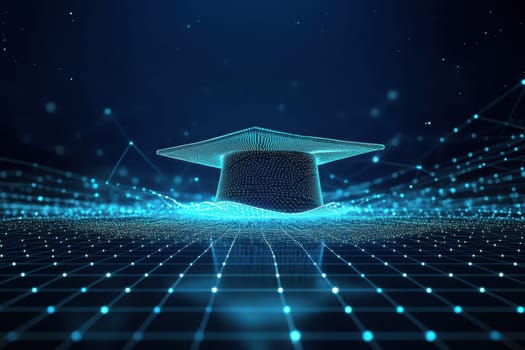 Abstract digital art of an open graduation cap made from glowing lines and dots, floating above a network grid on a dark blue background, power to shape your future through education . --ar 3:2 --v 6.1 Job ID: 8c36bfd7-f2c3-4e52-889d-0febaed427fa