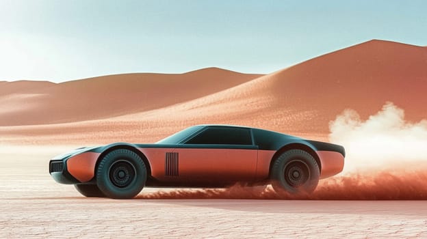 Racing through the arid desert, a futuristic orange and black sports car kicks up dust, speeding along under the hot sun. The fast journey offers an escape into a world of excitement and thrill