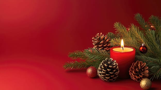 A lit scented orange candle surrounded by pine cones and fir branches creates a festive atmosphere.