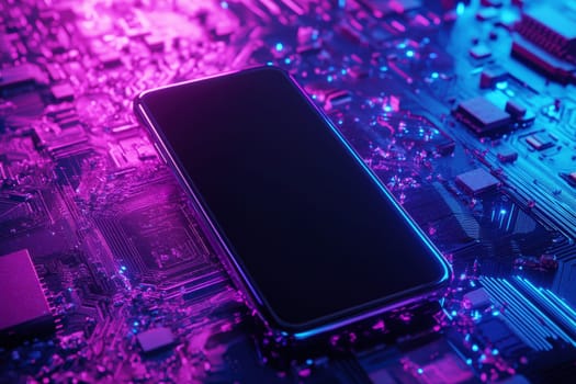 Modern smartphone for mockup on glowing chip motherboard in the background ..