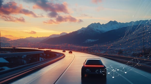 Green electric car is driving itself on a scenic country road at sunset, using artificial intelligence and machine learning