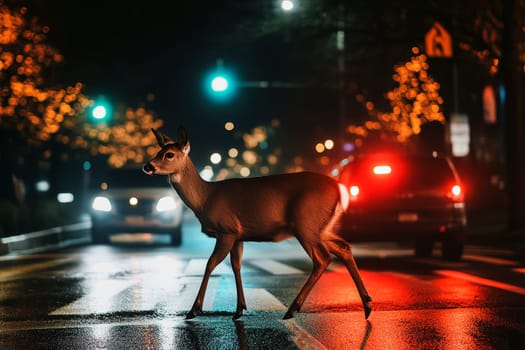 A large brown deer dashes across the road just ahead of an oncoming night car, depicting a near-miss accident in street The danger of hitting wildlife is evident..