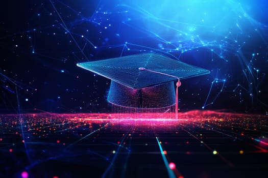 Abstract digital art of an open graduation cap made from glowing lines and dots, floating above a network grid on a dark blue background, power to shape your future through education..