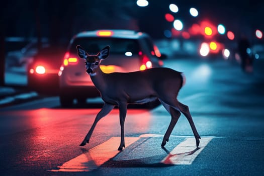 A large brown deer dashes across the road just ahead of an oncoming night car, depicting a near-miss accident in street The danger of hitting wildlife is evident..